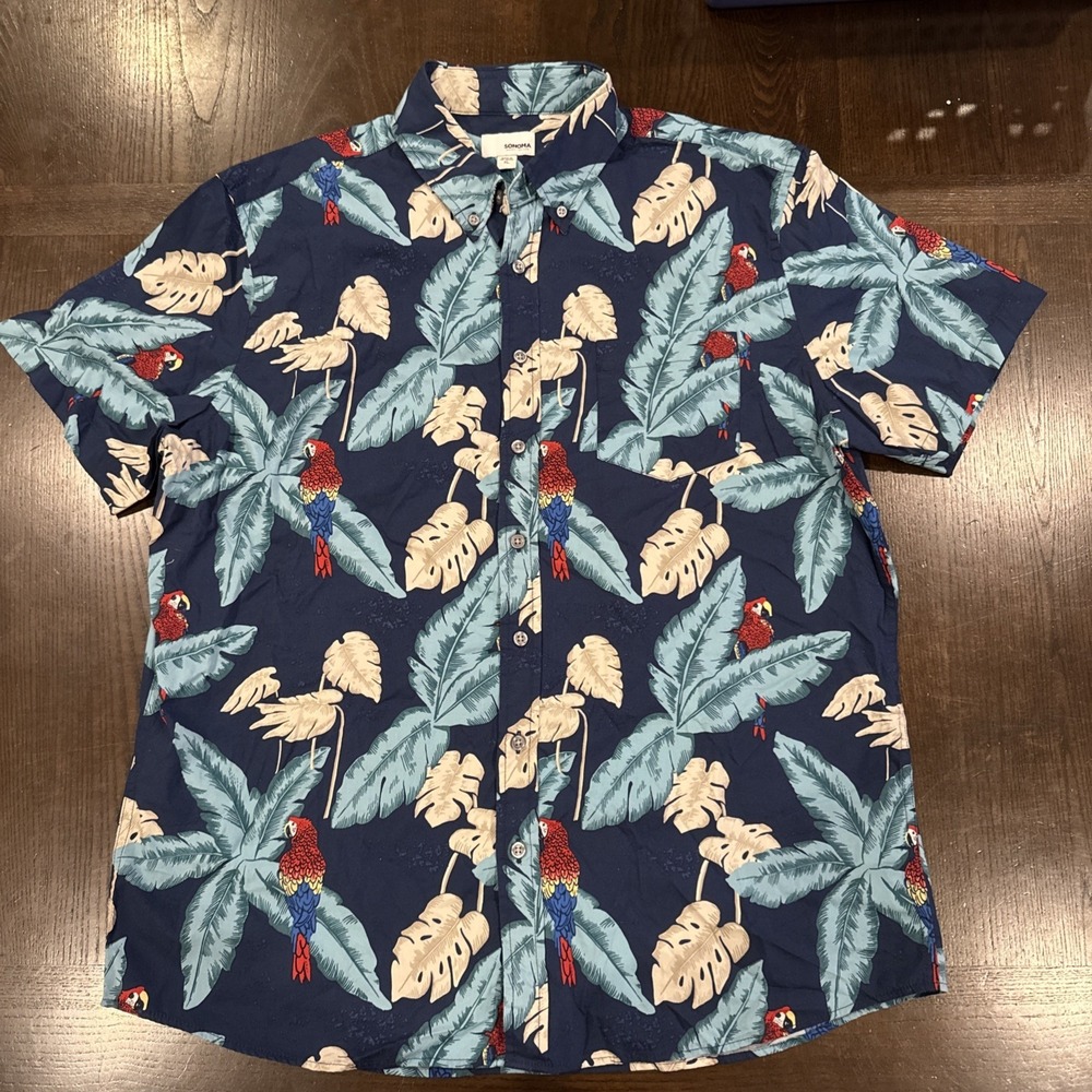 Sonoma Men Button Down Stretch Shirt‎ XL Palm Leaf Parrot Blue Hawaiian